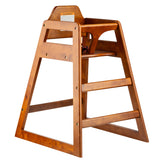 A sturdy, stackable wooden high chair with an A-frame design, safety strap, and slatted sides. Finished in warm brown with a visible warning label, this restaurant-style seat is designed for young children and is ASTM F404-18 compliant.
