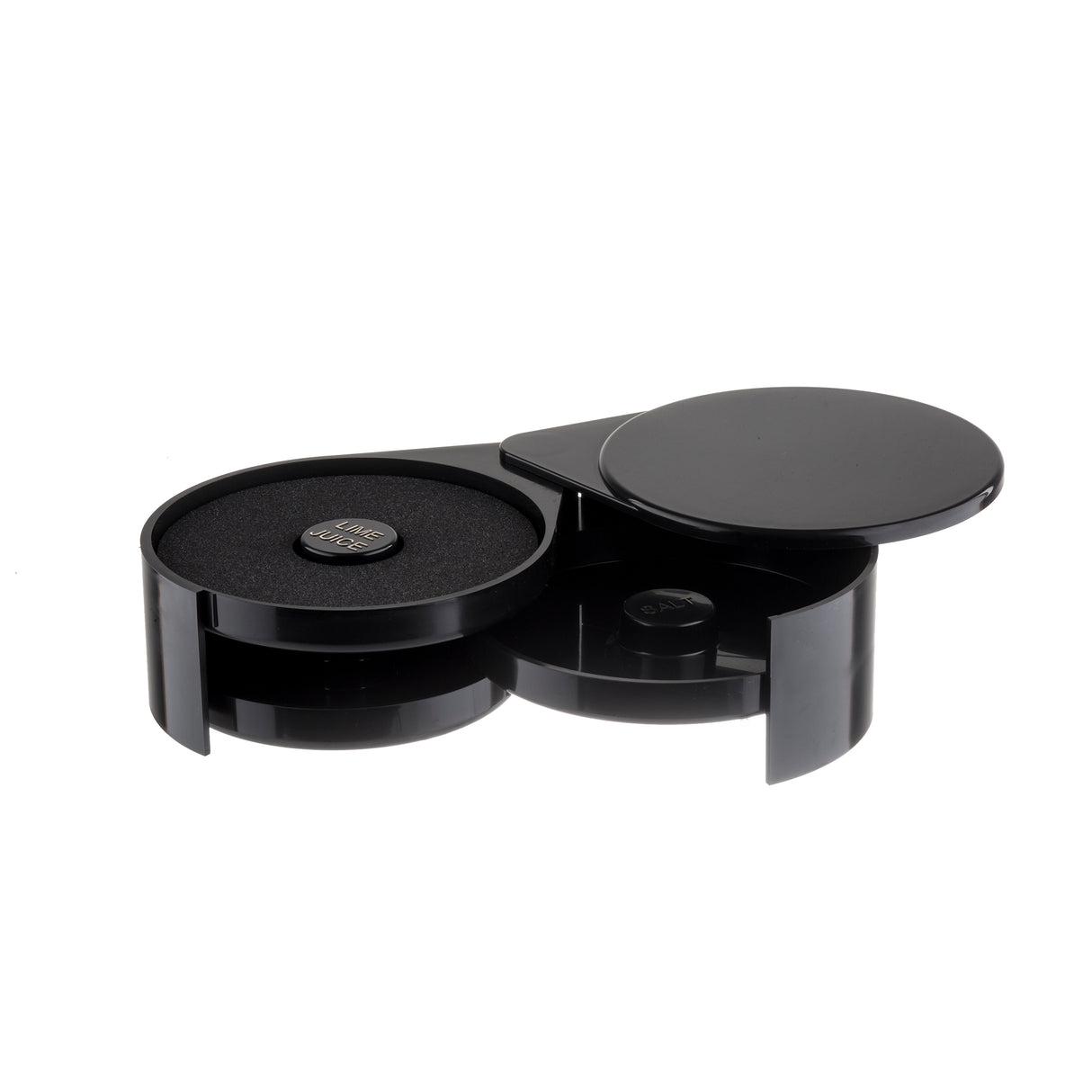 A glossy black, circular container with two sections; one features a swing-out tray revealing a foam pad and a coin cell battery, while the other stays closed with a flat lid. The sleek, modern design boasts smooth, shiny surfaces.