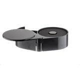 A black, round plastic container with a rotating flip-top lid is open, revealing a foam-lined interior. At the center sits a rimmer or coin-like object. The background is completely white.