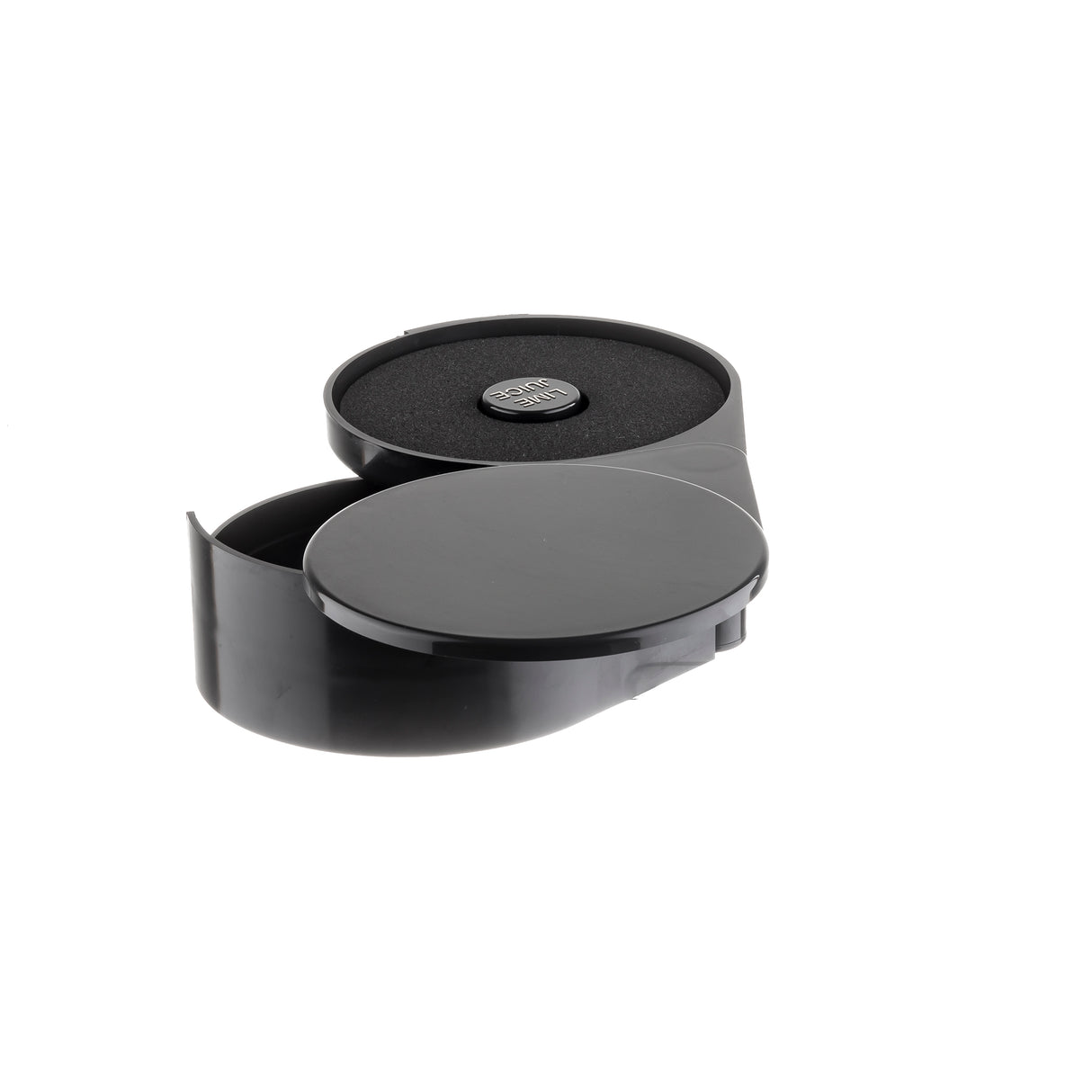 A round, black plastic case with a hinged lid is open to reveal a foam-lined interior and a small, round CR2032 battery inside. The smooth, glossy surface glows under the light, resembling sleek rimmer containers with swing-out trays for easy access.