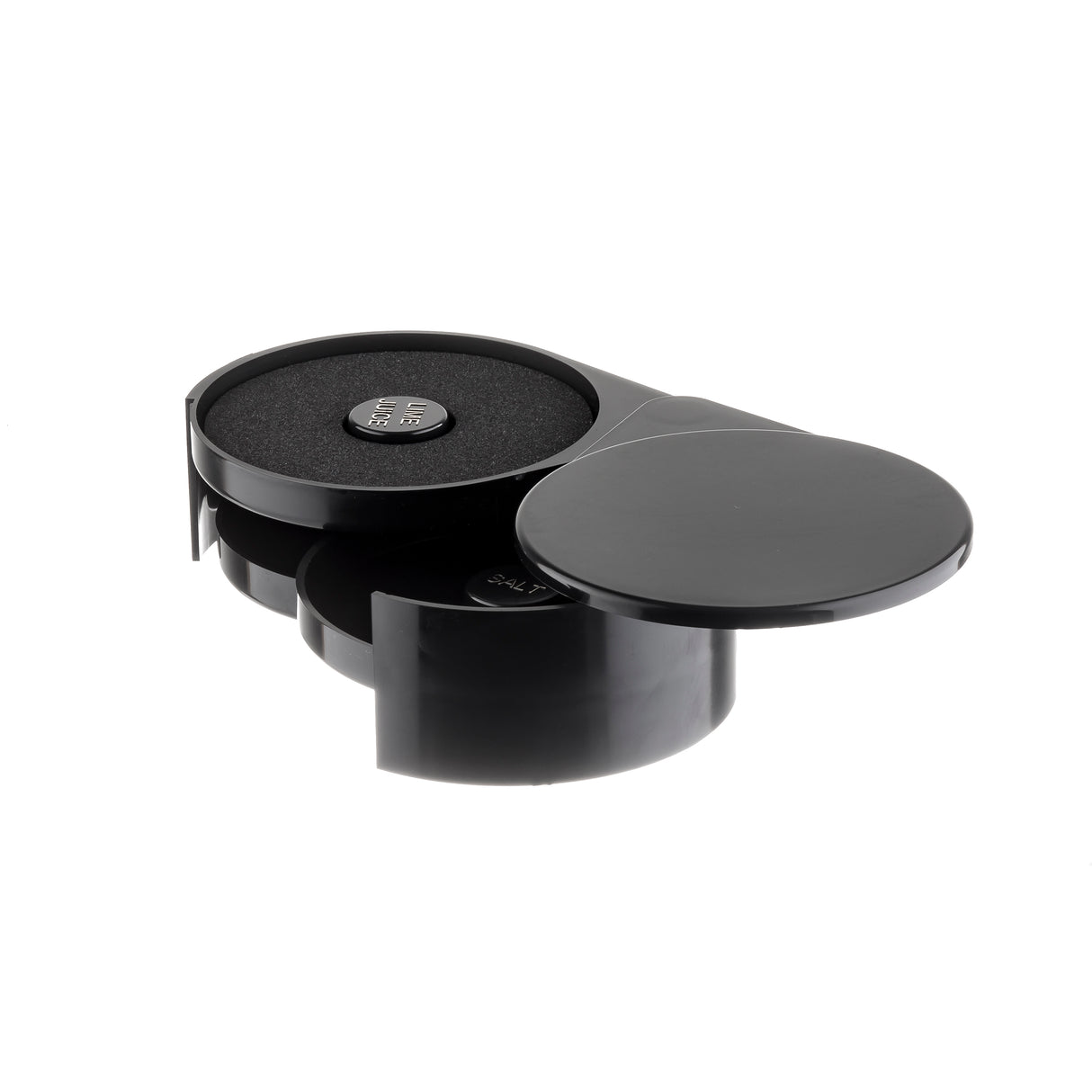 A sleek, round, black plastic rimmer with three swing-out trays, partially open to reveal foam padding inside. Each tray holds a small, flat, circular metal object in the center. The background is white.