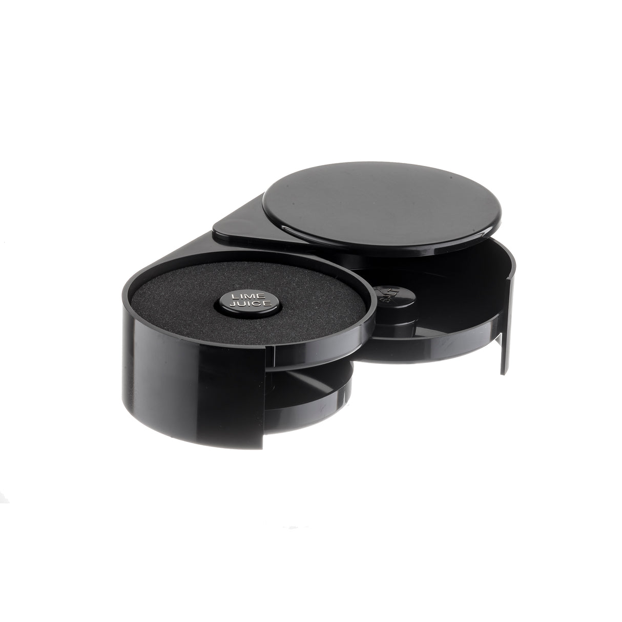 A black, circular rimmer bar tool with two swing-out trays; the left tray is open, revealing a sponge labeled LIME JUICE, while the right is shut with a solid lid. Dishwasher safe and placed on a white background.