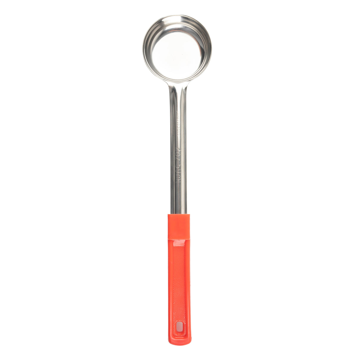 A stainless steel ladle with a round, deep bowl and a long red handle grip, perfect for spoonout tasks. Photographed vertically on a white background with the handle at the bottom.