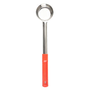 A stainless steel ladle with a round, deep bowl and a long red handle grip, perfect for spoonout tasks. Photographed vertically on a white background with the handle at the bottom.