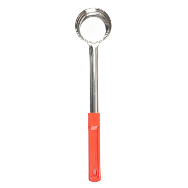 A stainless steel ladle with a round, deep bowl and a long red handle grip, perfect for spoonout tasks. Photographed vertically on a white background with the handle at the bottom.