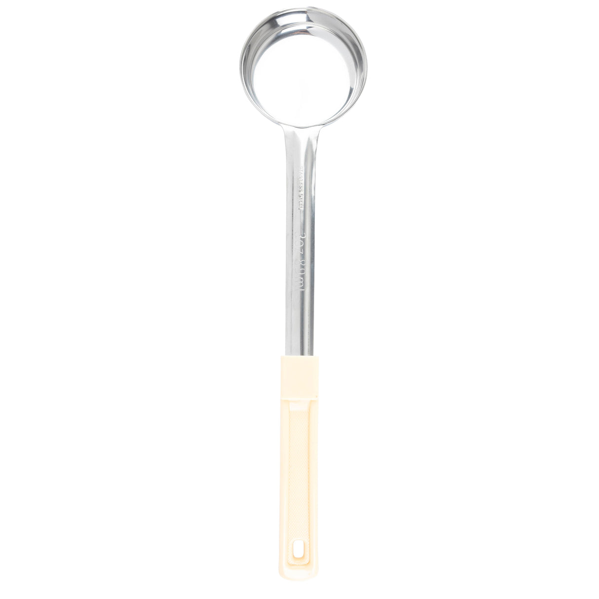A Spoonout stainless steel ladle with a deep, round bowl and a long handle. The mostly metal handle has a cream-colored plastic grip with a hanging hole. Dishwasher safe, it is photographed against a white background.