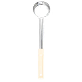 A Spoonout stainless steel ladle with a deep, round bowl and a long handle. The mostly metal handle has a cream-colored plastic grip with a hanging hole. Dishwasher safe, it is photographed against a white background.