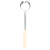 A Spoonout stainless steel ladle with a deep, round bowl and a long handle. The mostly metal handle has a cream-colored plastic grip with a hanging hole. Dishwasher safe, it is photographed against a white background.