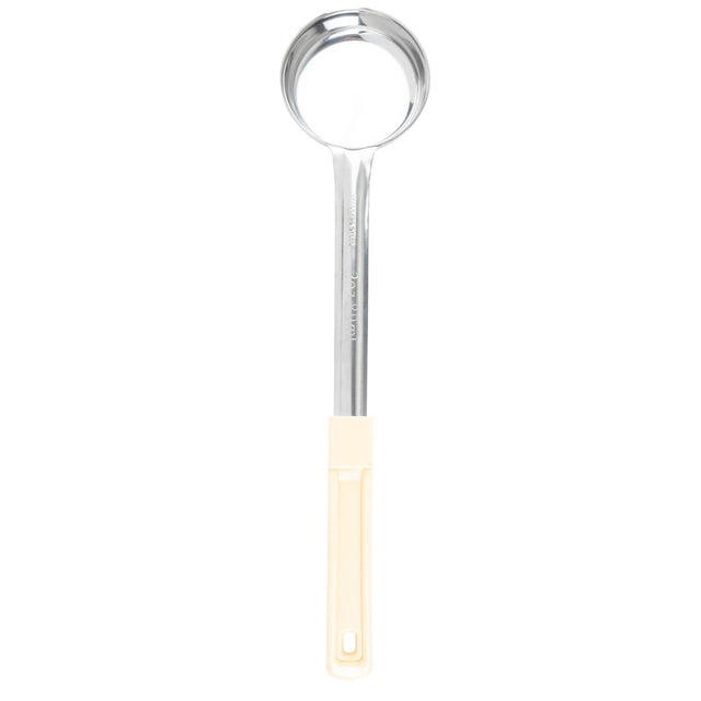 A Spoonout stainless steel ladle with a deep, round bowl and a long handle. The mostly metal handle has a cream-colored plastic grip with a hanging hole. Dishwasher safe, it is photographed against a white background.