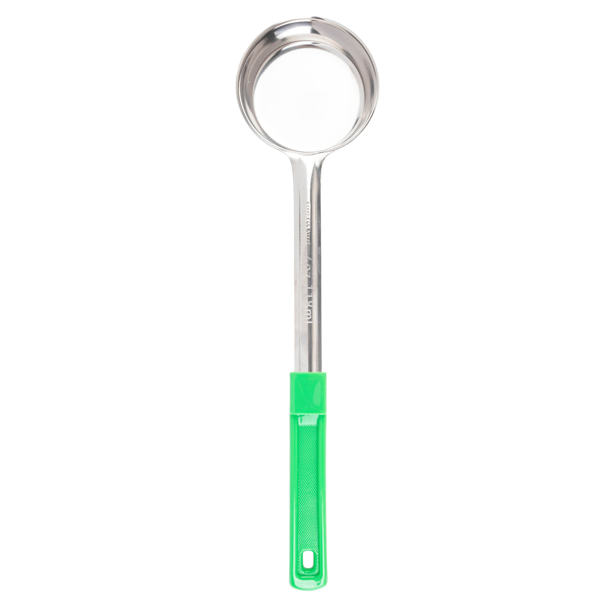 A Spoonout stainless steel ladle with a round, deep bowl and a long handle. The lower part of the handle is green plastic with a small hole at the end for hanging. Dishwasher safe and shown on a white background, viewed from above.