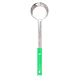 A Spoonout stainless steel ladle with a round, deep bowl and a long handle. The lower part of the handle is green plastic with a small hole at the end for hanging. Dishwasher safe and shown on a white background, viewed from above.