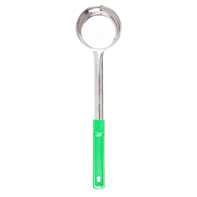 A Spoonout stainless steel ladle with a round, deep bowl and a long handle. The lower part of the handle is green plastic with a small hole at the end for hanging. Dishwasher safe and shown on a white background, viewed from above.