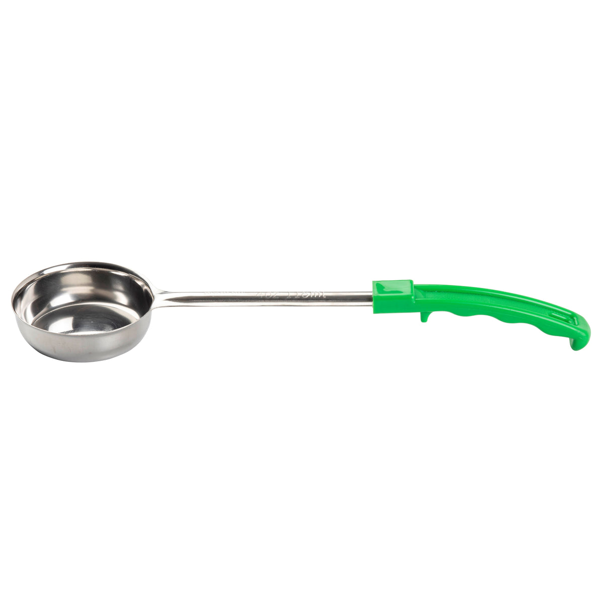 A Spoonout stainless steel kitchen ladle with a round, shallow bowl and a long, ergonomic green handle. The textured grip adds comfort, and this ladle is dishwasher safe. Set against a plain white background.