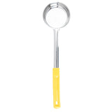 A Spoonout metal ladle with a deep, round bowl and a long handle. Crafted from stainless steel, the silver handle has a yellow, non-slip grip and a hanging hole. The ladle is dishwasher safe and photographed on a white background.