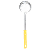 A Spoonout metal ladle with a deep, round bowl and a long handle. Crafted from stainless steel, the silver handle has a yellow, non-slip grip and a hanging hole. The ladle is dishwasher safe and photographed on a white background.