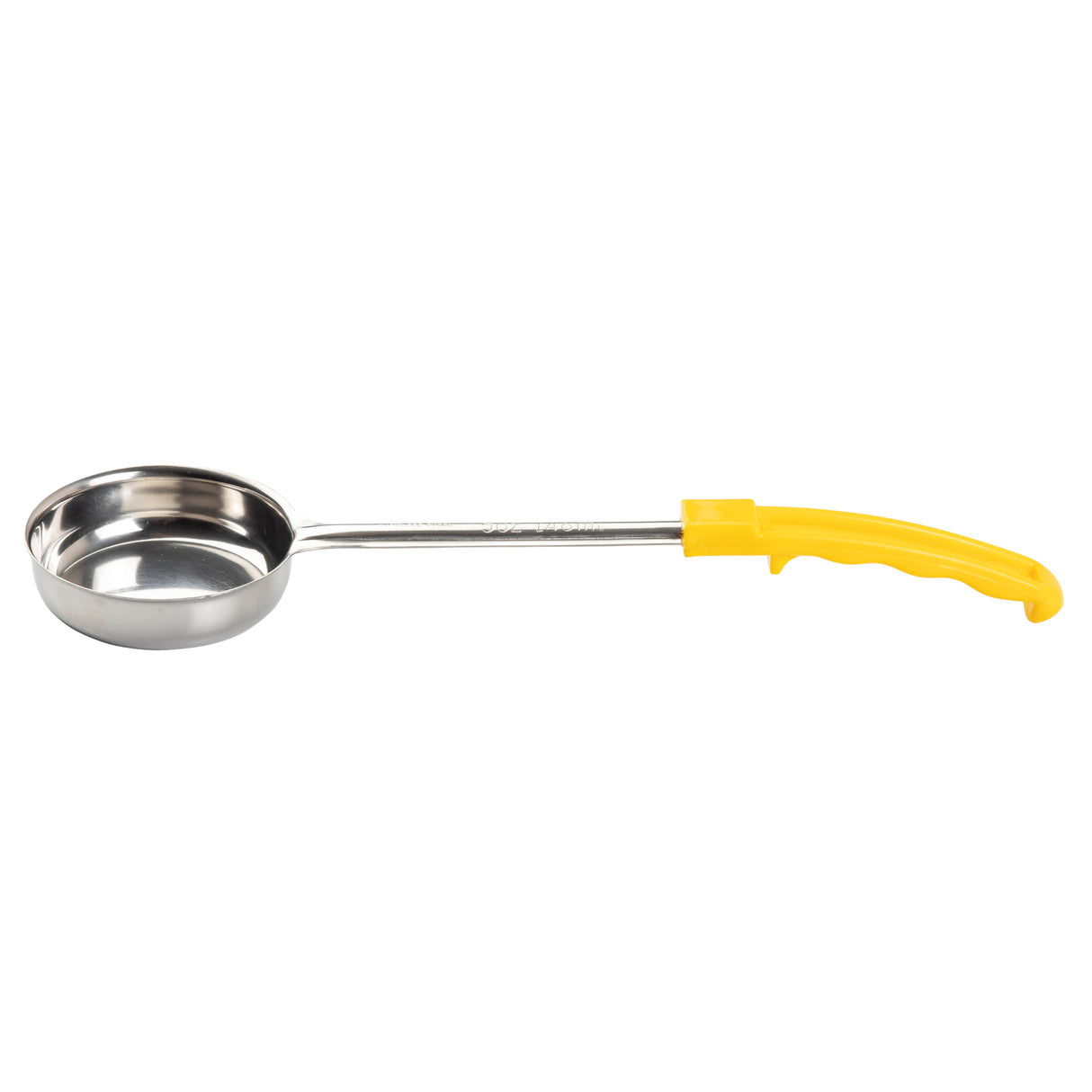 A Spoonout metal ladle with a shallow, round stainless steel bowl and a long handle. The bright yellow handle features a curved, ergonomic design with a finger grip. Dishwasher safe. Set against a plain white background.