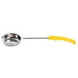 A Spoonout metal ladle with a shallow, round stainless steel bowl and a long handle. The bright yellow handle features a curved, ergonomic design with a finger grip. Dishwasher safe. Set against a plain white background.