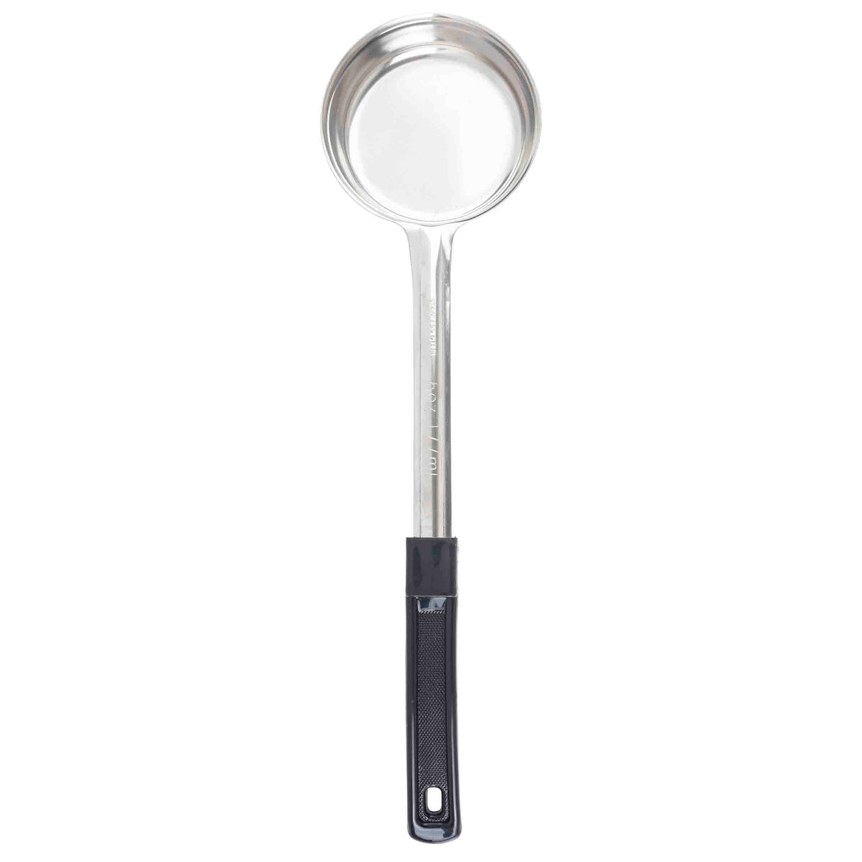 A Spoonout stainless steel ladle with a deep, round bowl and a long handle. The handle features a textured black grip and a hanging hole at the end. Dishwasher safe, it is shown on a white background.
