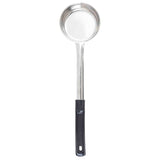 A Spoonout stainless steel ladle with a deep, round bowl and a long handle. The handle features a textured black grip and a hanging hole at the end. Dishwasher safe, it is shown on a white background.
