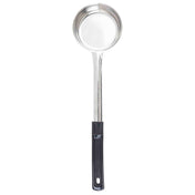 A Spoonout stainless steel ladle with a deep, round bowl and a long handle. The handle features a textured black grip and a hanging hole at the end. Dishwasher safe, it is shown on a white background.
