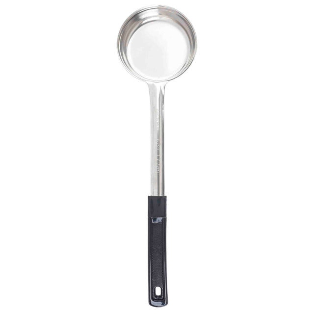 A Spoonout stainless steel ladle with a deep, round bowl and a long handle. The handle features a textured black grip and a hanging hole at the end. Dishwasher safe, it is shown on a white background.
