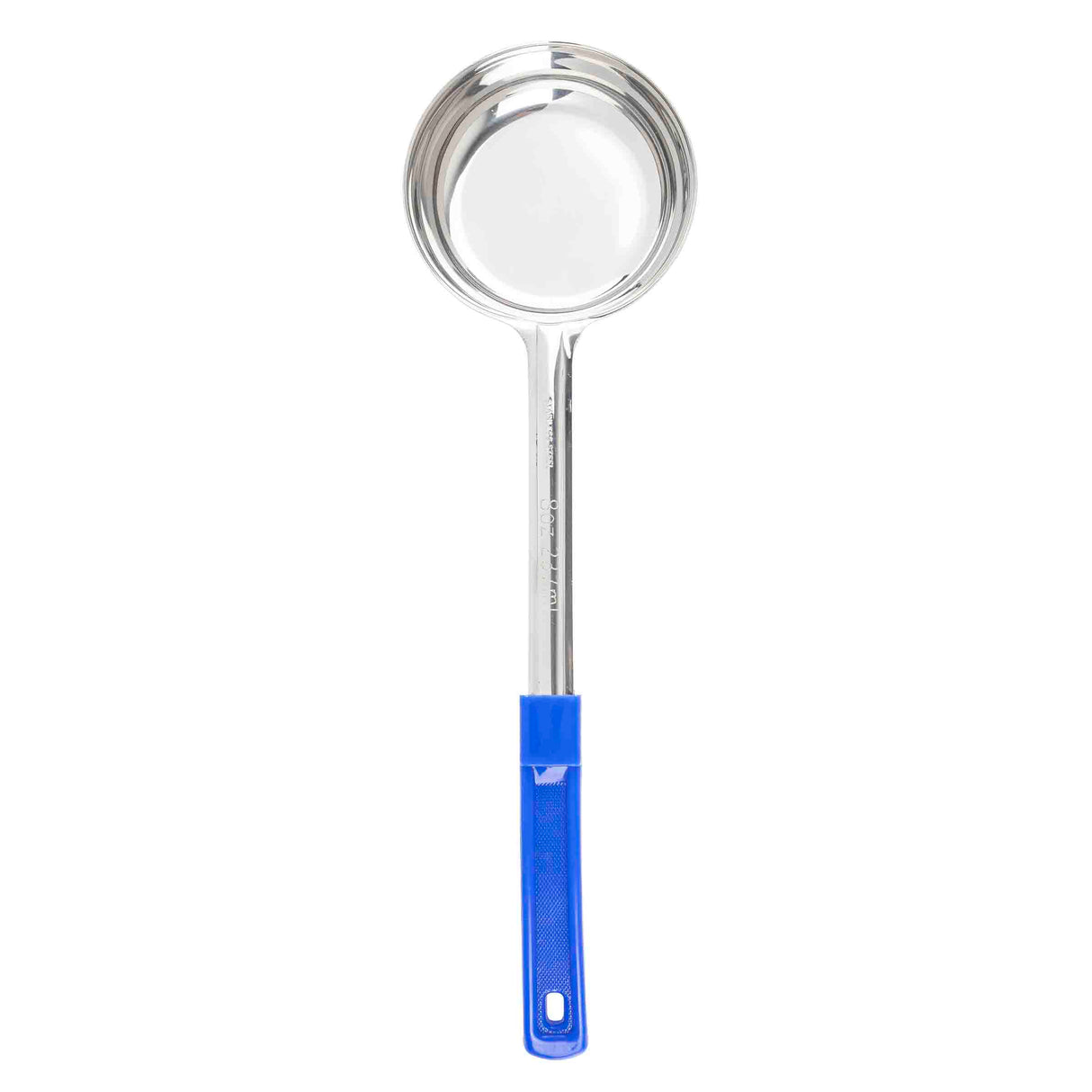 The Spoonout stainless steel ladle features a deep, round bowl and a long handle with a blue plastic grip and hanging hole. Dishwasher safe, it is photographed on a white background.