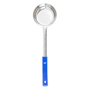 The Spoonout stainless steel ladle features a deep, round bowl and a long handle with a blue plastic grip and hanging hole. Dishwasher safe, it is photographed on a white background.