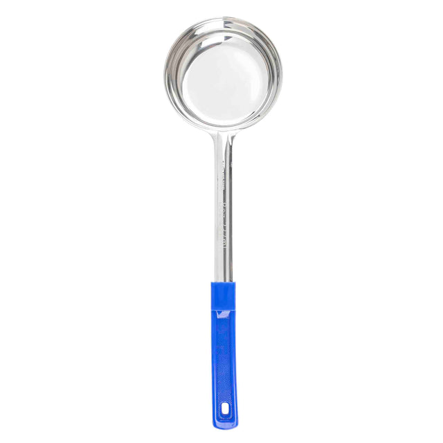 The Spoonout stainless steel ladle features a deep, round bowl and a long handle with a blue plastic grip and hanging hole. Dishwasher safe, it is photographed on a white background.