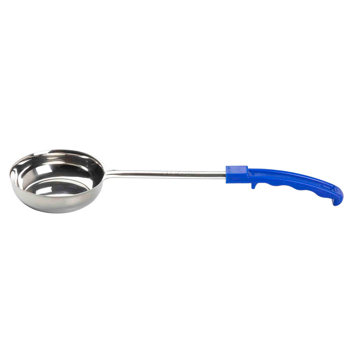 A Spoonout stainless steel ladle with a deep, round bowl and a long handle featuring a bright blue, ergonomic plastic grip for comfortable use; dishwasher safe and isolated on a white background.