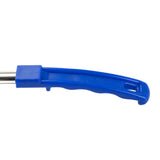 Close-up of a blue plastic Spoonout handle with ergonomic, textured grip, attached to a stainless steel rod. The handle features a small hole at the end, ideal for hanging or adding a strap. Background is plain white. Dishwasher safe design.