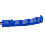 A close-up of a blue plastic handle with finger grooves, attached to a stainless steel rod or tool on the left. The smooth, shiny handle features a small hole for hanging and is dishwasher safe, making it ideal for Spoonout use.