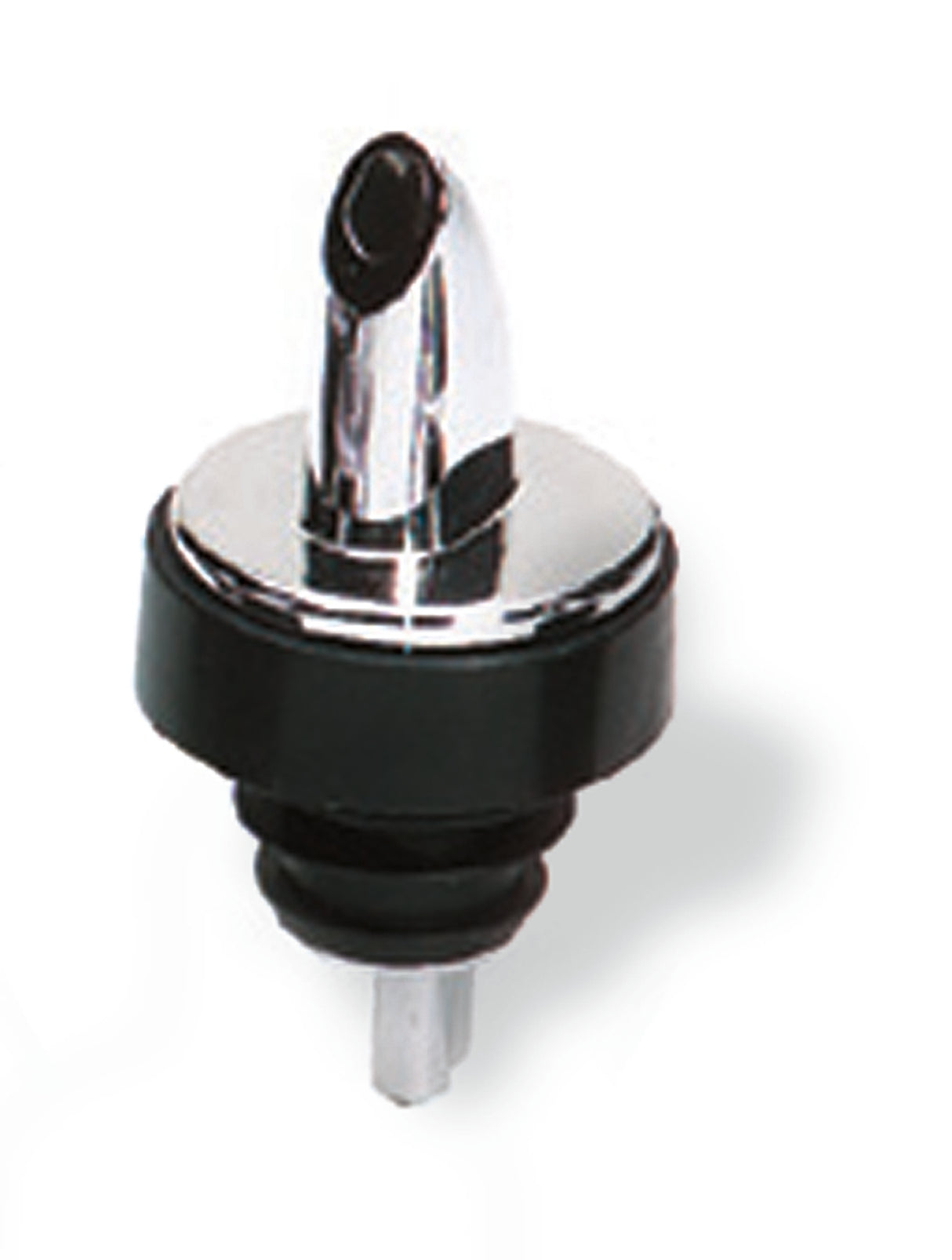 A close-up of a Free Flow Pourer with a chrome plated spout and ridged black rubber base designed to fit snugly in a bottle neck. The BPA free pourer has a shiny silver top, and the background is plain white.