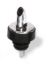 A close-up of a Free Flow Pourer with a chrome plated spout and ridged black rubber base designed to fit snugly in a bottle neck. The BPA free pourer has a shiny silver top, and the background is plain white.