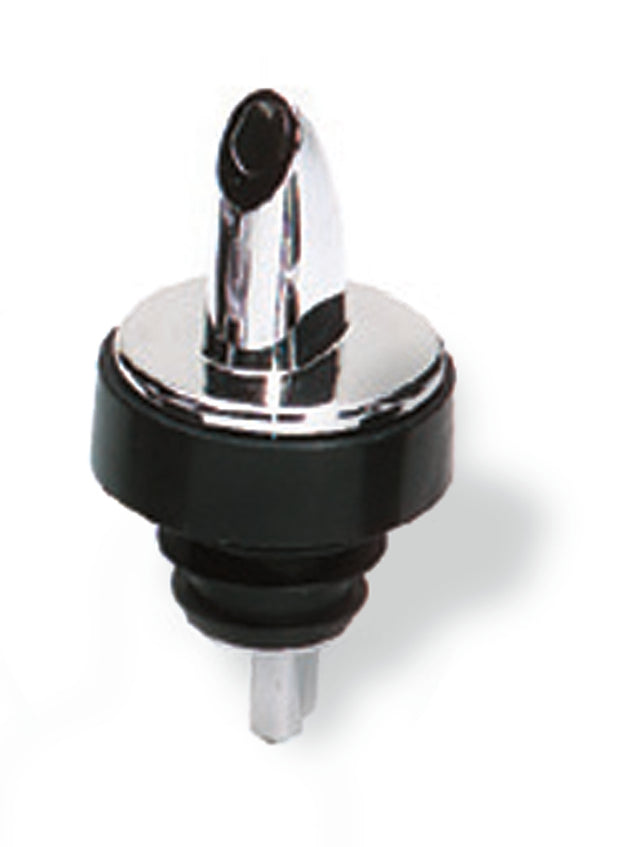 A close-up of a Free Flow Pourer with a chrome plated spout and ridged black rubber base designed to fit snugly in a bottle neck. The BPA free pourer has a shiny silver top, and the background is plain white.