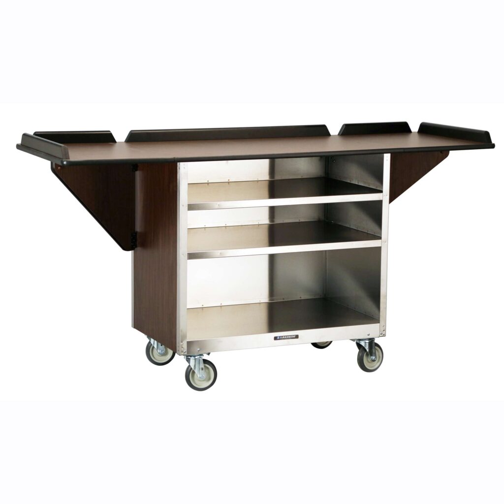 A rectangular Beverage Service Cart with a dark wooden top, drop leaves extended on both sides, and three open stainless steel shelves below. Four caster wheels provide mobility, and the cart is set against a plain white background.
