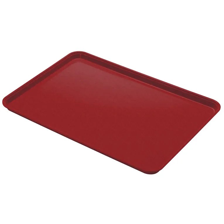 A red rectangular Camlite Tray with slightly raised, rounded edges, shown from an angled top view against a white background. The smooth, unadorned surface highlights its dishwasher safe convenience for everyday use.