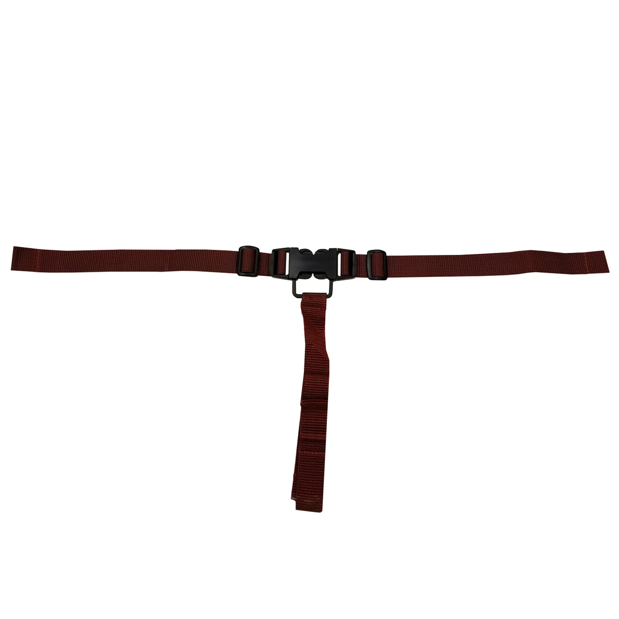 A maroon adjustable nylon replacement 3-point seatbelt for a high chair, featuring a black plastic buckle with white and red accents. The T-shaped strap is ASTM F404-18 compliant and laid flat on a white background.