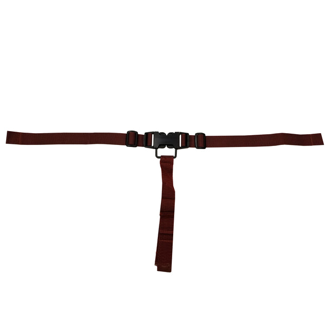 A maroon adjustable nylon replacement 3-point seatbelt for a high chair, featuring a black plastic buckle with white and red accents. The T-shaped strap is ASTM F404-18 compliant and laid flat on a white background.
