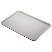 A plain, rectangular, silver metal baking sheet with slightly raised edges, shown on a white background at a slight angle. This NSF-approved tray features a smooth surface, ideal for baking or roasting foods in an oven.
