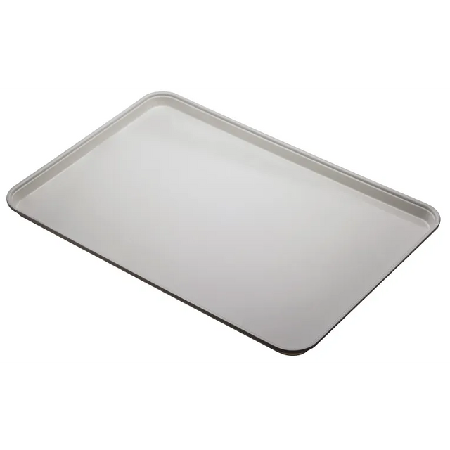 A rectangular, silver Camlite Tray with slightly raised edges is shown against a plain white background, angled so the top left corner is closest to the viewer. The smooth, reflective NSF surface highlights its quality construction.