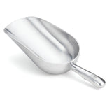 An 85 oz aluminum ice scoop with a shiny, deep, rounded bowl and a short, solid handle. The smooth, reflective surfaces are angled to the left, resting on a white background.