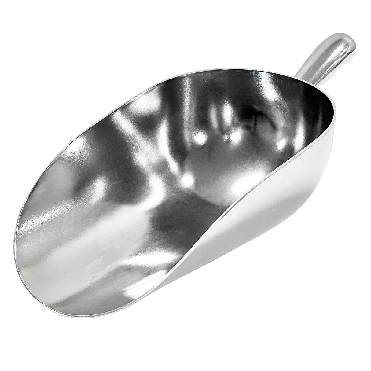 A shiny, aluminum ice scoop with a deep, oval-shaped bowl and a short, rounded handle. The 8.5 oz scoop is empty and angled upward, highlighting its smooth reflective surface and clean, seamless design.
