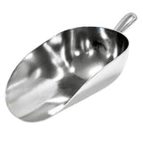 A shiny, aluminum ice scoop with a deep, oval-shaped bowl and a short, rounded handle. The 8.5 oz scoop is empty and angled upward, highlighting its smooth reflective surface and clean, seamless design.