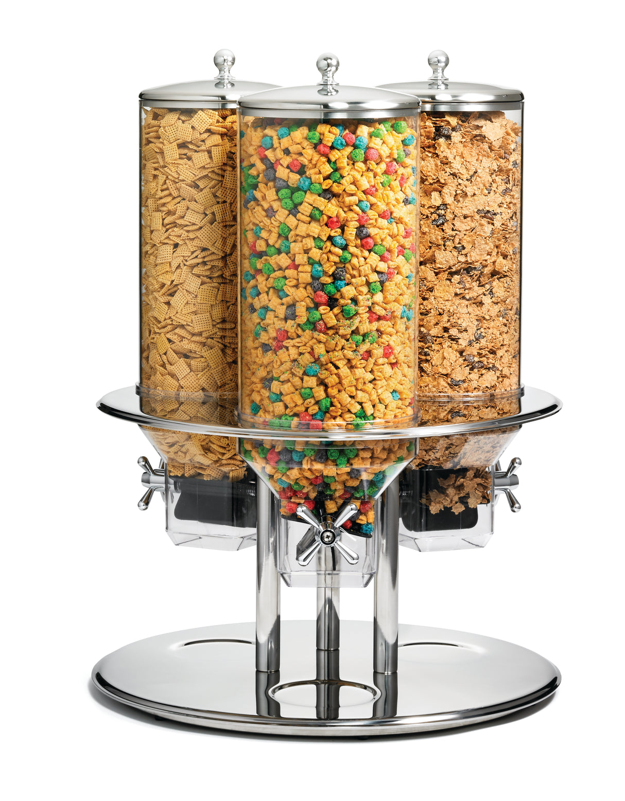 This Triple Cereal Dispenser features three clear polycarbonate cereal dispensers mounted on a shiny stainless steel stand, each filled with a different type of cereal for a stylish and functional breakfast display.