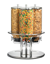 This Triple Cereal Dispenser features three clear polycarbonate cereal dispensers mounted on a shiny stainless steel stand, each filled with a different type of cereal for a stylish and functional breakfast display.