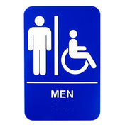A blue rectangular men accessible sign displays white icons of a standing man and the handicapped symbol, separated by a vertical line. Below, “MEN” appears in uppercase letters with Braille tactile sign text underneath for accessibility.