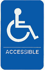 A blue rectangular accessible sign features a white handicapped symbol above the word ACCESSIBLE in bold letters, indicating an ADA compliant sign for areas or facilities that are accessible for people with disabilities.