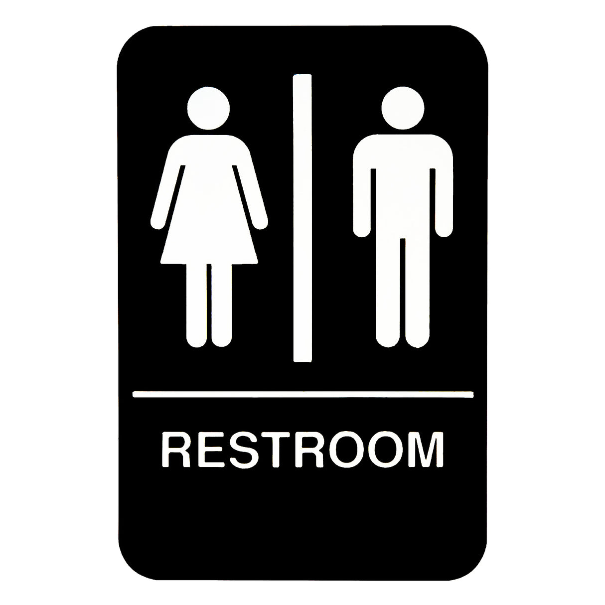 A black rectangular ADA compliant restroom sign features white icons: a female figure in a dress on the left, a male figure in pants on the right, separated by a vertical line. "RESTROOM" is written below in bold uppercase letters, with Braille included.