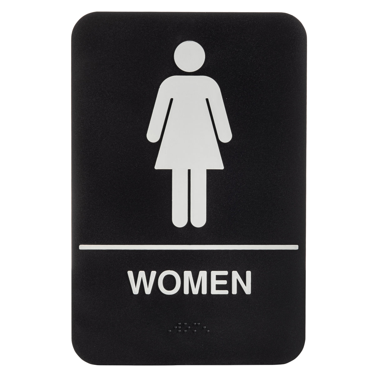 A black rectangular Women Restroom Sign features a white female stick figure above a line, with "WOMEN" in bold letters below and small raised braille dots, making it an ADA Compliant Braille Sign for accessible restrooms.