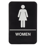 A black rectangular Women Restroom Sign features a white female stick figure above a line, with "WOMEN" in bold letters below and small raised braille dots, making it an ADA Compliant Braille Sign for accessible restrooms.